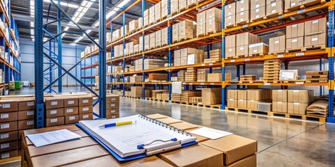 Warehouse shelves stocked with boxes and crates, clipboard and pens laid out, calculator and papers scattered, emphasizing meticulous inventory management and supply chain control.