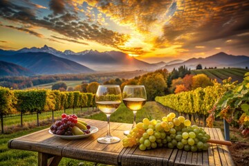 Serenene evening scene in a picturesque vineyard with wine glasses and grapes on a table, backed by majestic mountains under a colorful cloudy sky.