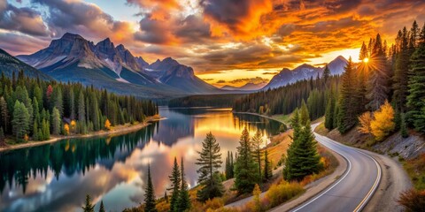 Canvas Print - Serene winding road traverses majestic mountain pass, revealing tranquil lake nestled among towering trees, beneath vibrant sky ablaze with warm hues of sunrise and sunset.