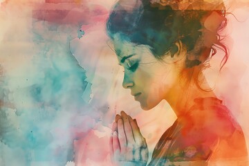 Abstract Watercolor Female Portrait in Prayer