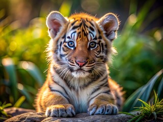 Wall Mural - Adorable baby tiger cub with piercing eyes and soft fluffy fur sits alone in a natural environment, showcasing innocence and cuteness.