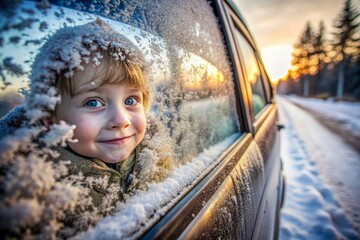 Frosted car window showcases blurred winter landscape, with a subtle imprint of a child's face, evoking a sense of excitement and wonder on a family road trip.