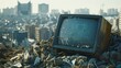 © Drew - A lone, abandoned television sits among rubble with a distant city skyline, presenting a stark contrast between discarded technology and modern urban development.