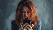 © Drew - A furious woman with long hair is seen yelling at her smartphone, clearly infuriated, capturing the essence of anger and frustration in a vivid manner.