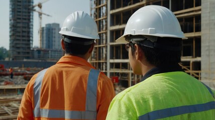 Back view of a construction engineer wearing a safety helmet and reflective clothing, assessing project success