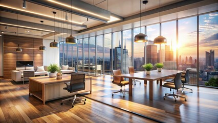 Sticker - Blurred contemporary office interior with sleek furniture, warm lighting, and subtle cityscape views through floor-to-ceiling windows, evoking creativity and innovation.