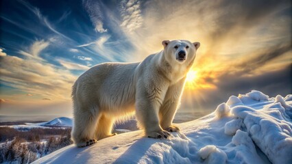 Wall Mural - Majestic polar bear stands proudly atop a snow-covered hill, its white fur glistening in the sunlight, surrounded by a breathtaking winter landscape.