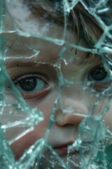 Poster - A close-up view of a child's face looking out from behind a broken glass window