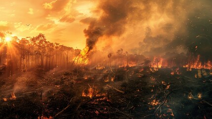 Wall Mural - Deforestation of a primary forest by fire and logging. Environmental destruction increasing climate change and global warming