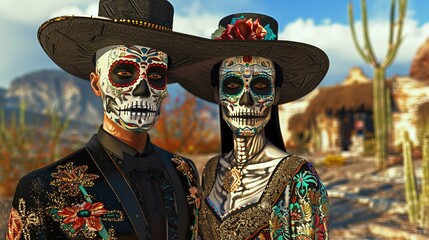 Wall Mural - Dia de los muertos, male and female catrina: Catrina and Catrin wearing sugar skull make up at the Mexican desert