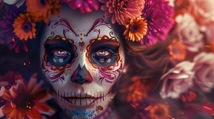 Poster - Dia de los muertos, Mexican holiday of the dead and halloween. Woman with sugar skull make up and flowers