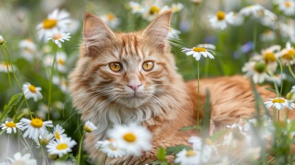 Wall Mural - cute ginger cat sits in daisy flowers