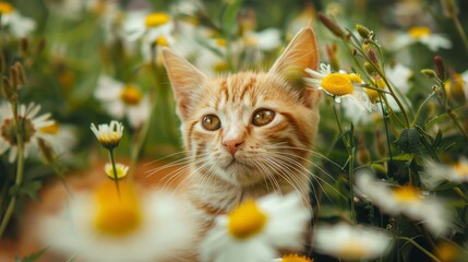 Wall Mural - cute ginger cat sits in daisy flowers