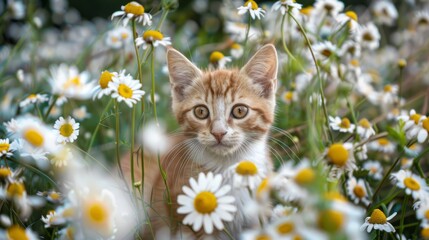 Wall Mural - cute ginger cat sits in daisy flowers