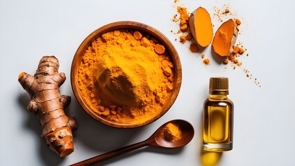 Wall Mural - Tumeric powder ( curcumin, curcuma longa Linn) in wooden bowl and spoon with root and bottle of turmeric essential oil extracted