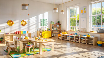 children's room with a wooden table, chairs, toys and a window