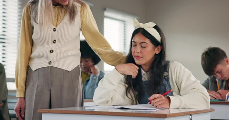 Poster - Education, exhausted and wake up with girl student in class for development, learning or study. Book, exam or burnout and tired teen in classroom with assessment, growth or scholarship fatigue