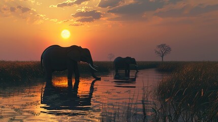 Sticker - elephants at sunset