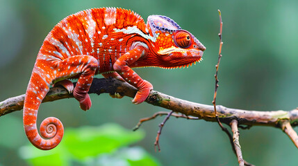 Wall Mural - Closeup of a vibrant and colorful chameleon reptile perched on a tree branch in a lush tropical forest environment