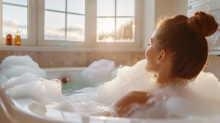 Wall Mural - A woman relaxing in a bubble bath.