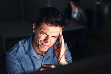 Poster - Man, headache and business or dark in office, working late and worried or company deadline. Mental health, crisis and stressed or audit, corporate bankruptcy and night workplace or financial mistake