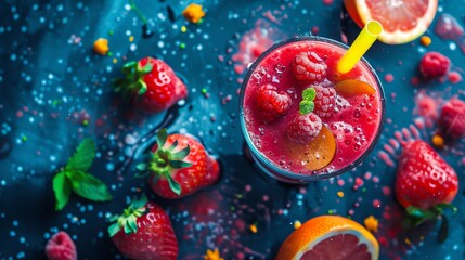 Wall Mural - a smoothie with raspberries, a slice of grapefruit, and strawberries on a blue background.