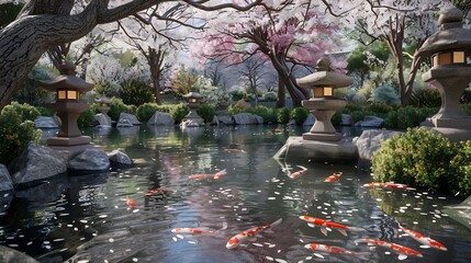 Wall Mural - Tranquil Japanese Garden with Koi Pond and Cherry Blossoms