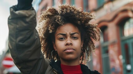 Canvas Print - A young and determined African American student, proud and confident, fighting and protesting with emotion and a raised fist against racism for rights, justice and equality - Black Lives Matter