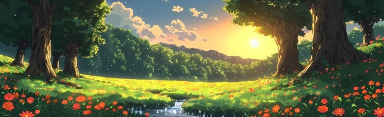 Wall Mural -  Anime landscape meadow, grass field, ultra wide scene, Anime style illustration, anime background