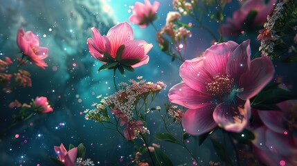 Wall Mural - flowers, planets, stars, nebula, green, pink, ultrarealistic