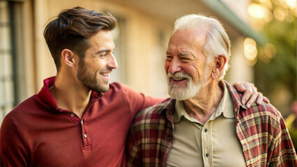 Wall Mural - Senior man with his son on the street. They are laughing.