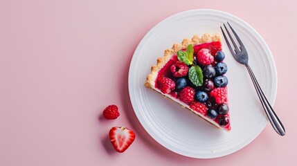 A minimalist flat lay of a single slice of berry tart on a white plate with a fork on a pale pink background