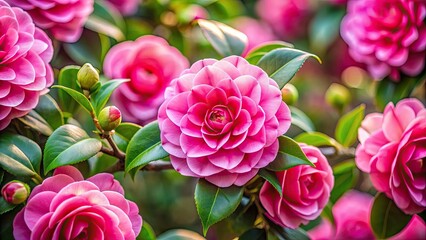 Poster - Vibrant pink camellia flowers in full bloom , Camellia, flowers, pink, vibrant, bloom, garden, spring, petals, botany, flora