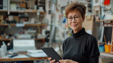 Wall Mural - A portrait of a smiling woman holding her tablet in hand, standing confidently inside an office space filled with creative and modern equipment