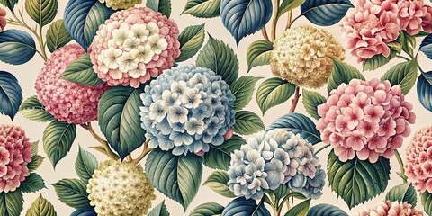 Sticker - Vintage hydrangea flowers pattern background, perfect for adding a touch of nostalgia and elegance to any project