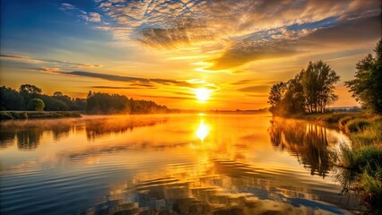 Sticker - Sunrise casting a golden glow over the calm river , sunrise, dawn, river, water, reflecting, peaceful, tranquil, nature