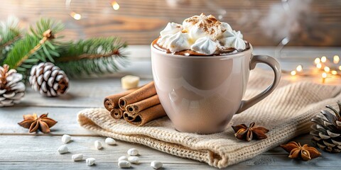 Canvas Print - Warm cup of cocoa with marshmallows and whipped cream, cocoa, cup, hot chocolate, drink, warm, marshmallows, whipped cream