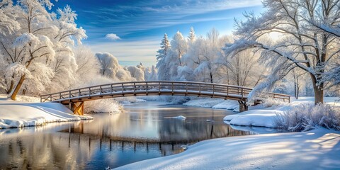 Wall Mural - Snow-covered bridge over frozen river with trees on each side, winter, cold, weather, nature, scenic, landscape, frozen, icy