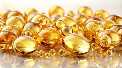 Poster - Vitamin E capsule. Golden balls with bubbles isolated. Healthy lifestyle concept, vitamins, health, nutrition, supplement