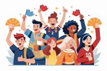 Fans cheering at a sports event illustration, sport team support, cheering vector illustration people