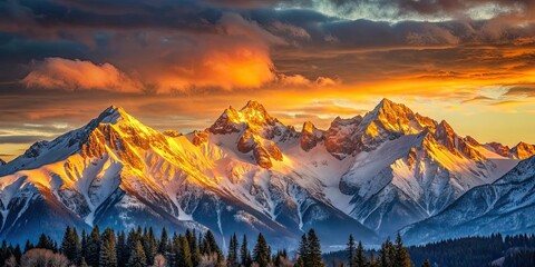 Wall Mural - Sunrise casting a warm glow over snow-capped mountains, sunrise, morning, sunlight, mountains, snow, cold, landscape, beauty