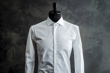 Formal white dress shirt on an invisible mannequin, dark grey background, soft and professional lighting