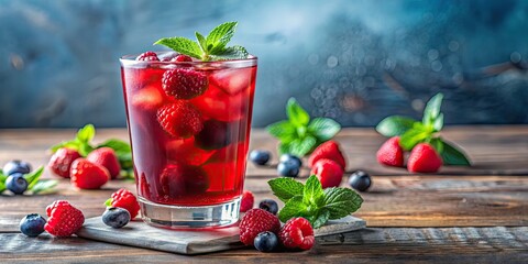 Sticker - Refreshing berry juice in a glass with ice , drink, beverage, fruit, cold, glass, ice cubes, fresh, red, berries