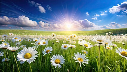 Poster - Meadow with blooming white daisies, green grass, and clear blue sky, meadow, daisies, flowers, nature, spring, summer, blooming