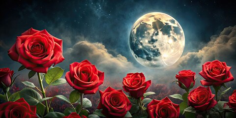 Canvas Print - Painting of red roses with a full moon in the background, roses, painting, moon, background, floral, romantic, beauty, nature, night