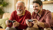 © NewFresh  - Senior man and his adult son playing video games at home. Focus on the man