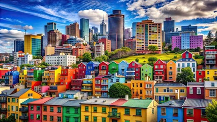 Sticker - Vibrant and eye-catching high-contrast image of a colorful cityscape, vibrant, high contrast, brilliance, vivid