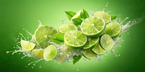 Sticker - Fresh limes water explosion in a light green background, limes, water, explosion, splash, green, fresh, citrus, lime slices