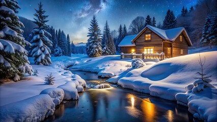 Canvas Print - Snowy night scene with a house and a stream of water, snow, winter, night, house, cabin, stream, water, cold, serene, peaceful