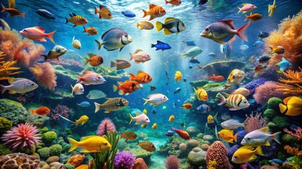 A colorful fish tank with many different colored fish swimming around